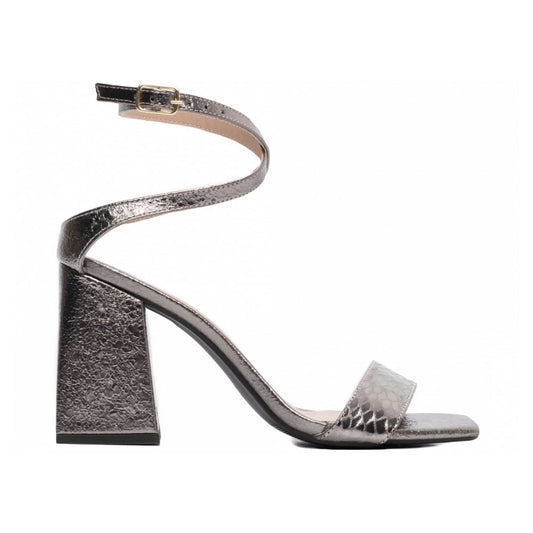 Sandália Prata Escuro Salto Bloco