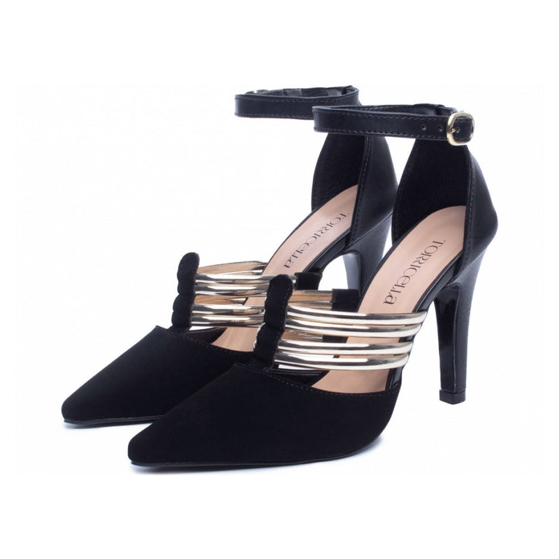 Sapato Scarpin Preto Dourado