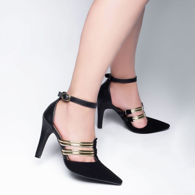 Sapato Scarpin Preto Dourado